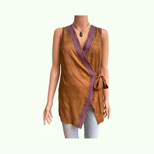 Maeve Brown Wrap Blouse with Multicolor Trim